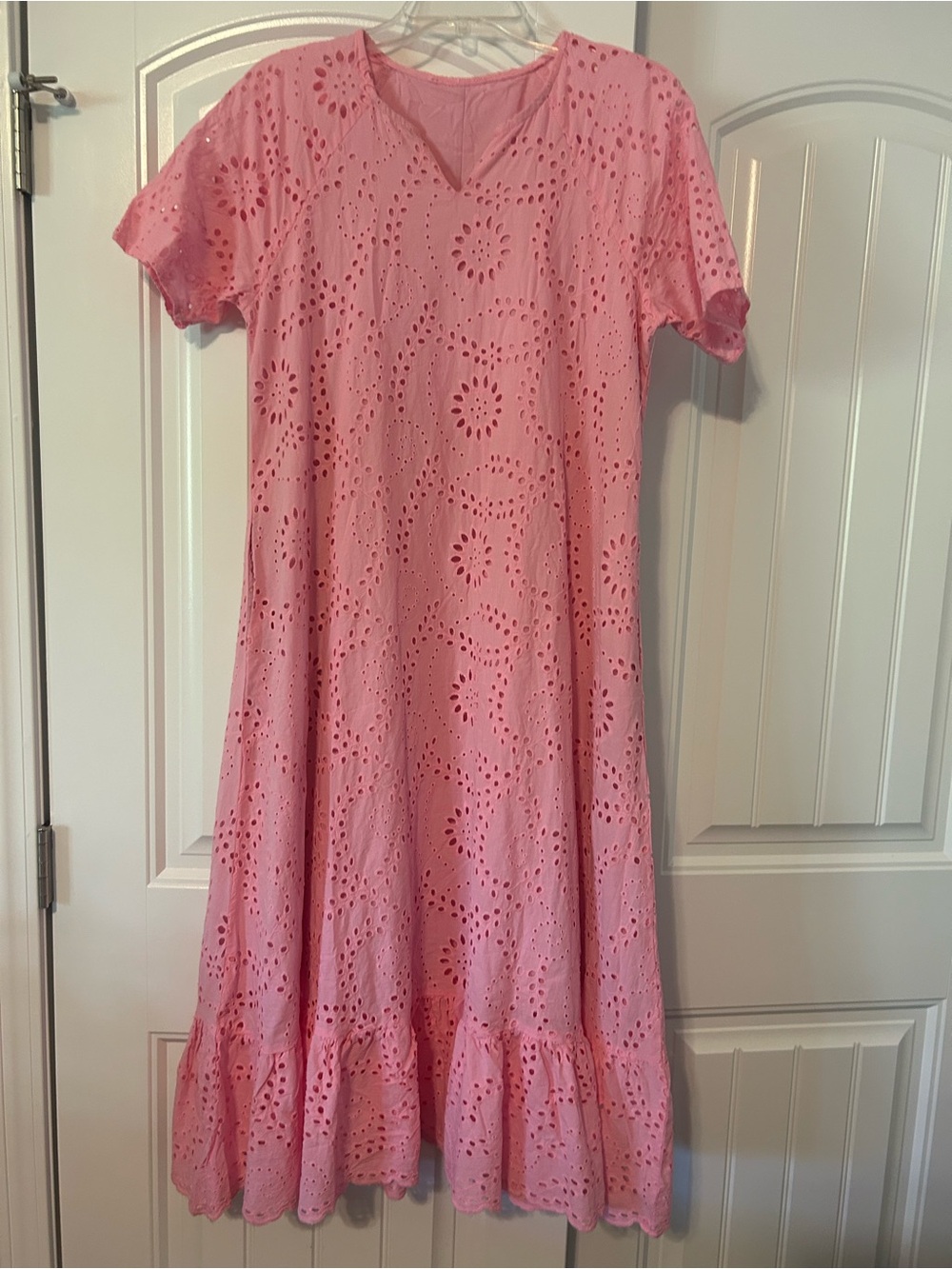 Never worn! Received as a gift. Pink Eyelet Midi Dress with Ruffle Hem